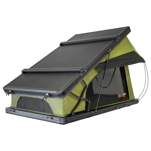 Image of Kabari XL rooftop tent partially deployed, green fabric with black accents, angled rear and side view on white background