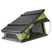 Image of Kabari XL rooftop tent partially deployed, green fabric with black accents, angled rear and side view on white background