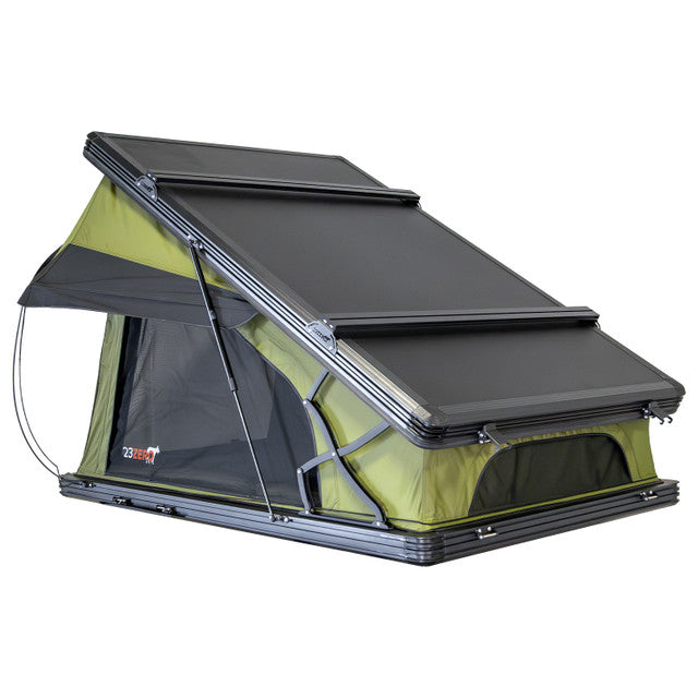 Image of Kabari XL rooftop tent partially deployed, green fabric with black underside, angled rear and side view on white background