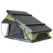 Image of Kabari XL rooftop tent partially deployed, green fabric with black underside, angled rear and side view on white background