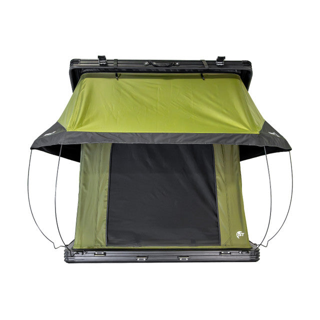 Image of Kabari XL rooftop tent fully deployed with open front, green fabric with black underside, front view on white background