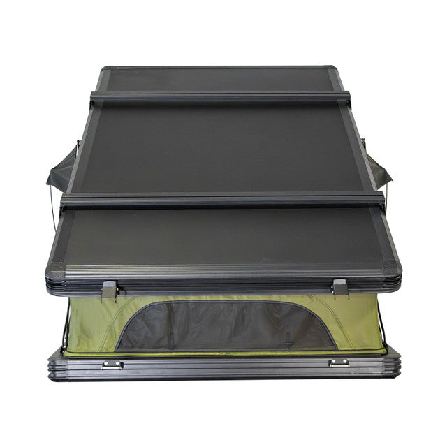 Image of Kabari XL rooftop tent fully deployed, black top with green fabric at the base, rear view on white background