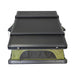 Image of Kabari XL rooftop tent fully deployed, black top with green fabric at the base, rear view on white background