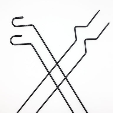 Image of black steel awning window pole mounts with bent hook ends, crossed layout top view on white background.