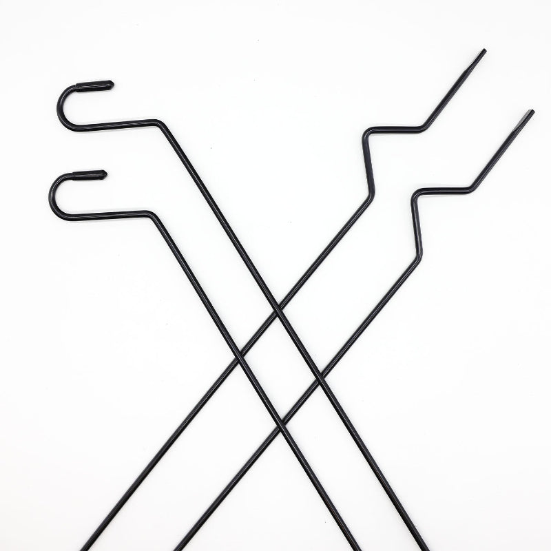Image of black steel awning window pole mounts with bent hook ends, crossed layout top view on white background.