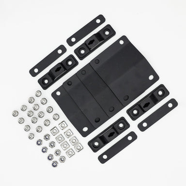 Image of black steel awning window pole mounting kit with brackets, plates, bolts, and hardware components, angled top view on white background.