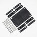 Image of black steel awning window pole mounting kit with brackets, plates, bolts, and hardware components, angled top view on white background.