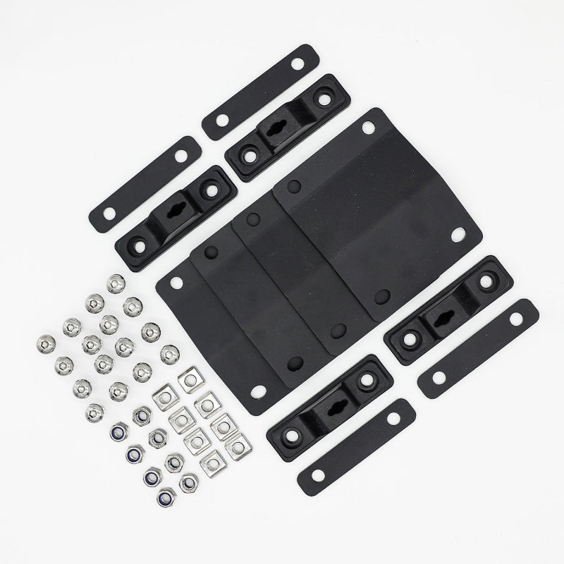 Image of black steel awning window pole mounting kit with brackets, plates, bolts, and hardware components, angled top view on white background.