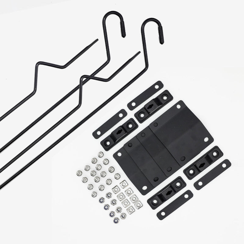 Image of black steel awning window pole mount kit with hook rods, brackets, plates, and hardware components, angled top view on white background.
