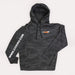 Image of 23ZERO black camo pullover hoodie with front kangaroo pocket and logo print on chest and sleeve, flat lay front view on white background.