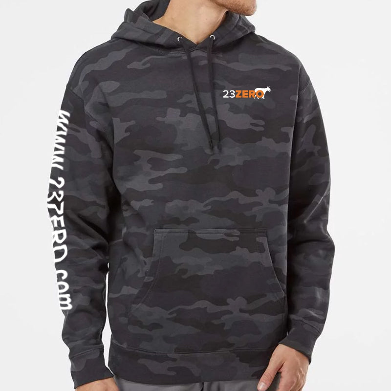 Image of 23ZERO black camo pullover hoodie with chest logo and sleeve print worn by model, angled front view on white background.