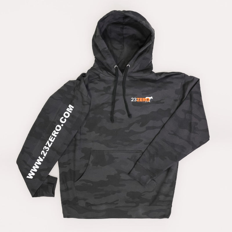 Image of 23ZERO black camo pullover hoodie with front kangaroo pocket and logo print on chest and sleeve, flat lay front view on white background.