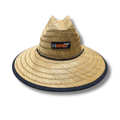 Image of 23ZERO woven straw sun hat with wide brim and black trim, front view on black background.