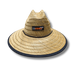 Image of 23ZERO woven straw sun hat with wide brim and black trim, front view on black background.