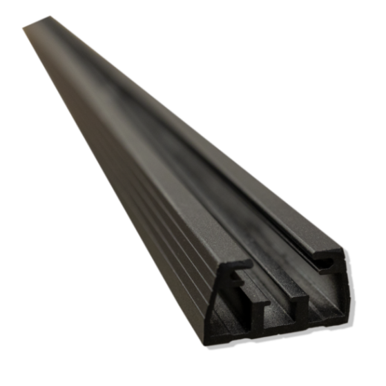 Image of black aluminum mounting rail extrusion with grooved channel profile, angled front and side view on white background.