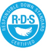 Image of the Responsible Down Standard (RDS) Certified logo, a blue circular emblem with "RDS" and a white feather icon.