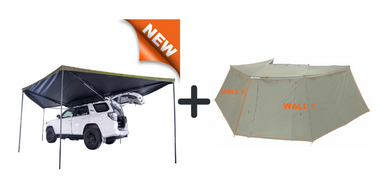 Image of a white SUV with a Peregrine 270 1.0 awning partially deployed, shown next to a separate image of the wall set. The "New" banner highlights that the wall set is a new addition, on a white background
