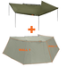 Image of the 23ZERO Peregrine 270-degree wing awning in green canvas, shown deployed with and without the optional zip-on wall kit, providing an extensive covered outdoor living space for overlanding and camping
