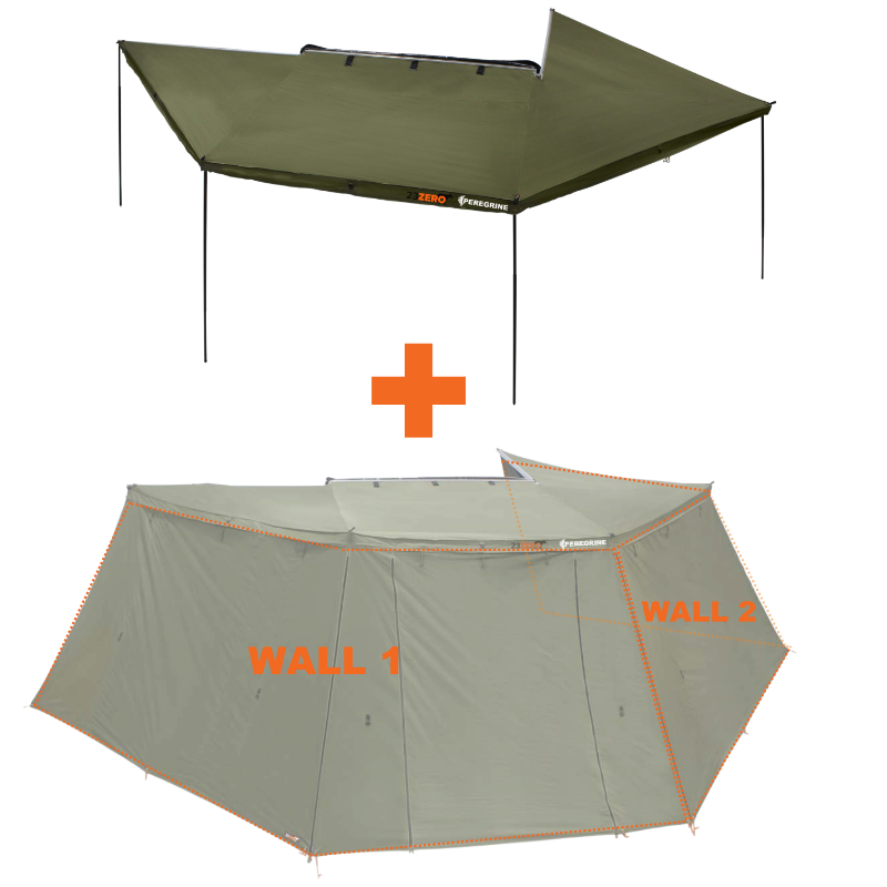 Image of the 23ZERO Peregrine 270-degree wing awning in green canvas, shown deployed with and without the optional zip-on wall kit, providing an extensive covered outdoor living space for overlanding and camping
