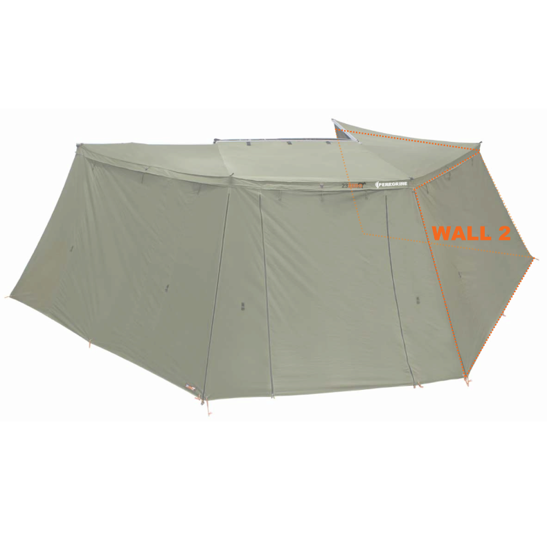 Image of the 23ZERO Peregrine 270-degree wing awning fully deployed with the optional zip-on wall kit, creating a complete enclosed room for protection from the elements