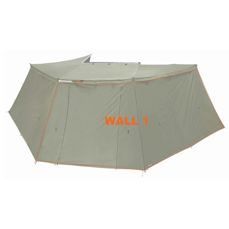 Image of the 23ZERO Peregrine 270-degree wing awning with the optional Wall 1 kit installed, shown as a side view. The wall panel is made of green canvas and zips onto the awning to create an enclosed space