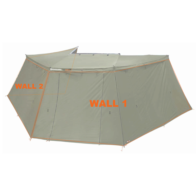 Image of the 23ZERO Peregrine 270-degree wing awning fully enclosed with the optional zip-on wall kit, showcasing both Wall 1 and Wall 2 sections, providing a sheltered outdoor area for camping or overlanding