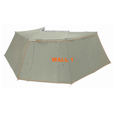 Image of Peregrine 270 Awning with all walls attached, creating an enclosed room, highlighting "WALL 1" with orange text and dashed lines. The green fabric structure is viewed from the side, on a white background