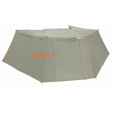 Image of Peregrine 270 Awning with all walls attached, creating an enclosed room, highlighting "WALL 1" with orange text and dashed lines. The green fabric structure is viewed from the side, on a white background