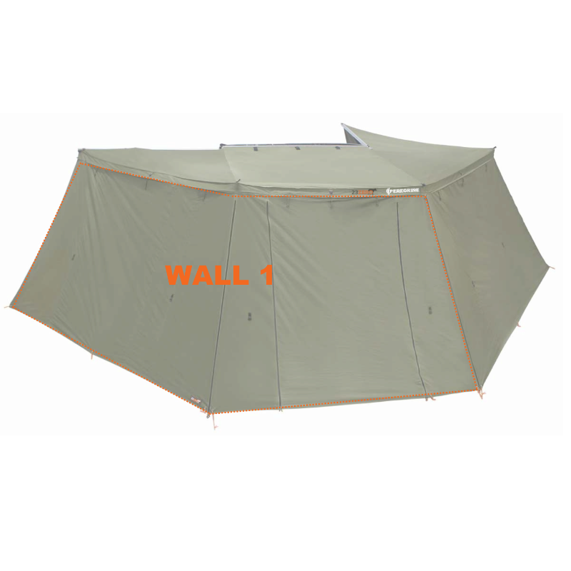 Image of Peregrine 270 Awning with all walls attached, creating an enclosed room, highlighting "WALL 1" with orange text and dashed lines. The green fabric structure is viewed from the side, on a white background