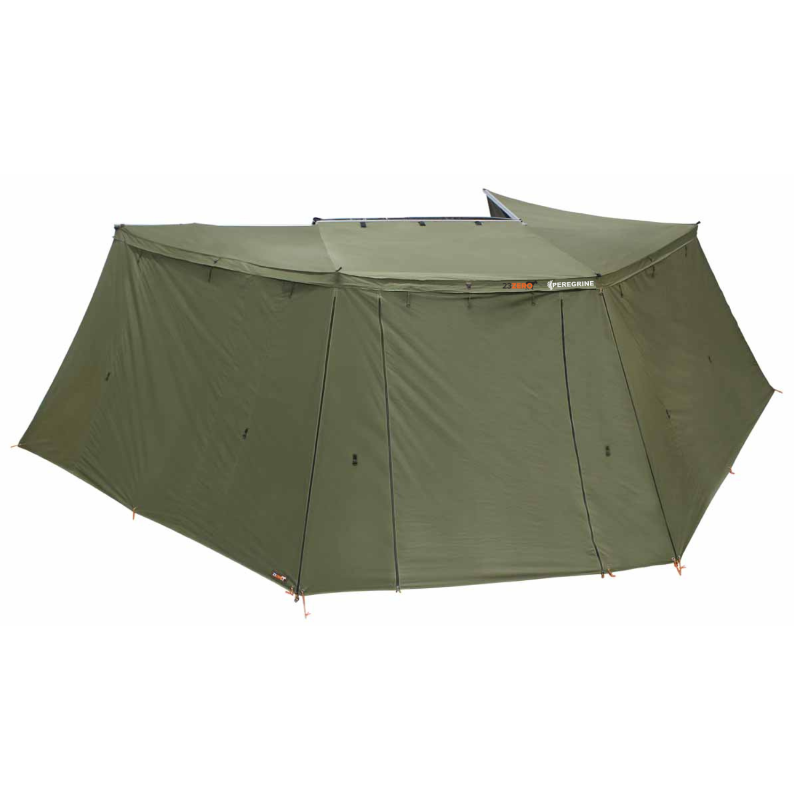 Image of Peregrine 270 Awning with all walls attached, creating an enclosed room. The green fabric structure is viewed from the side, on a white background