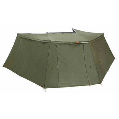Image of Peregrine 270 Awning with all walls attached, creating an enclosed room. The green fabric structure is viewed from the side, on a white background