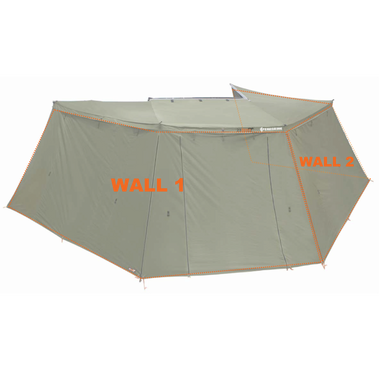 Image of Peregrine 270 Awning with all walls attached, creating an enclosed room, highlighting "WALL 1" and "WALL 2" with orange text and dashed lines. The green fabric structure is viewed from the side, on a white background