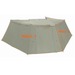 Image of Peregrine 270 Awning with all walls attached, creating an enclosed room, highlighting "WALL 1" and "WALL 2" with orange text and dashed lines. The green fabric structure is viewed from the side, on a white background