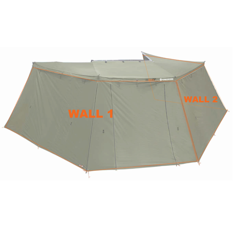 Image of Peregrine 270 Awning with all walls attached, creating an enclosed room, highlighting "WALL 1" and "WALL 2" with orange text and dashed lines. The green fabric structure is viewed from the side, on a white background