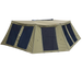 Image of the 23ZERO Peregrine 270 Deluxe Wall Set for an awning, fully set up. The walls are a khaki color with large black mesh windows and a zippered door. The awning wall is shown from a front-and-side view against a simple gray background