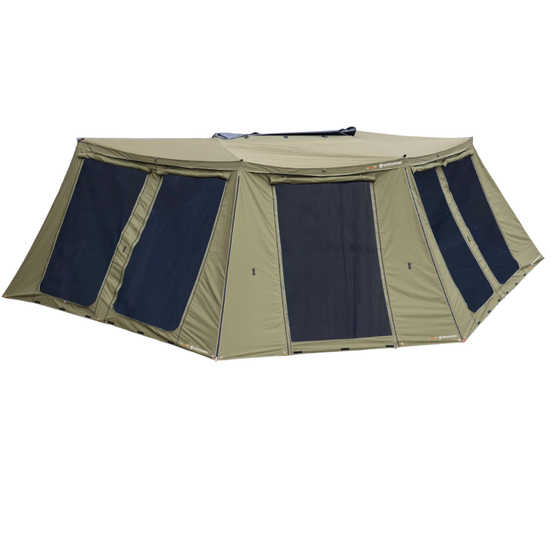 Image of the 23ZERO Peregrine 270 Deluxe Wall Set for an awning, fully set up. The walls are a khaki color with large black mesh windows and a zippered door. The awning wall is shown from a front-and-side view against a simple gray background