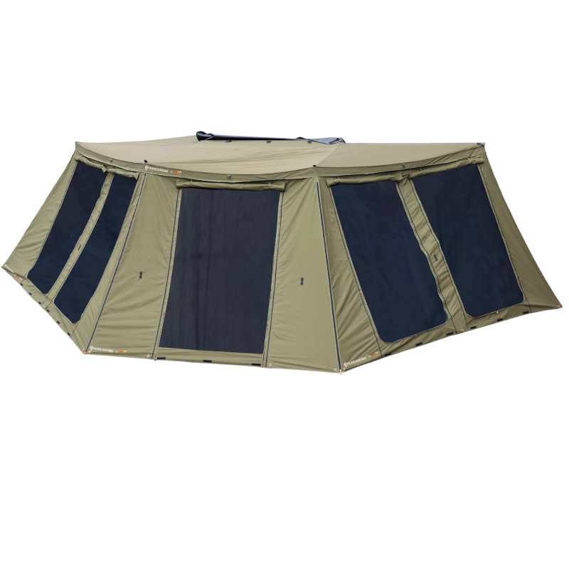 Image of the 23ZERO Peregrine 270 Deluxe Wall Set for an awning, fully set up. The walls are a khaki color with large black mesh windows and a zippered door. The awning wall is shown from a front-and-side view against a simple gray background