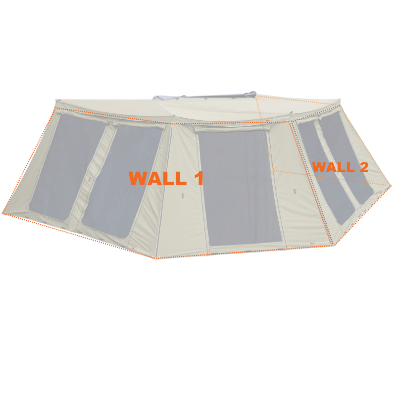 Image of the 23ZERO Peregrine 270 Deluxe Wall Set for an awning, fully set up with a dashed orange outline highlighting the separate wall sections. The walls are a khaki color with large black mesh windows and a zippered door, with "WALL 1" and "WALL 2" labeled in large orange text
