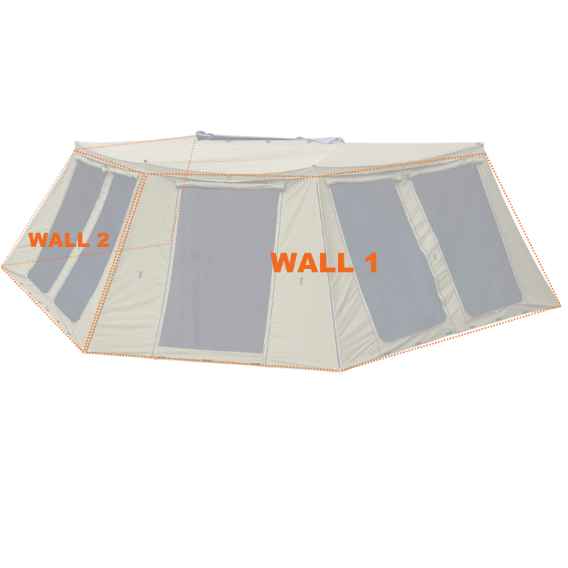 Image of the 23ZERO Peregrine 270 Deluxe Wall Set for an awning, fully set up with a dashed orange outline highlighting the separate wall sections. The walls are a khaki color with large black mesh windows and a zippered door, with "WALL 1" and "WALL 2" labeled in large orange text
