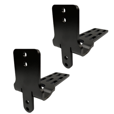 Image of two black metal awning mounting brackets with slotted base plates and bolt holes, powder-coated steel construction shown in angled front and side view on a solid background.