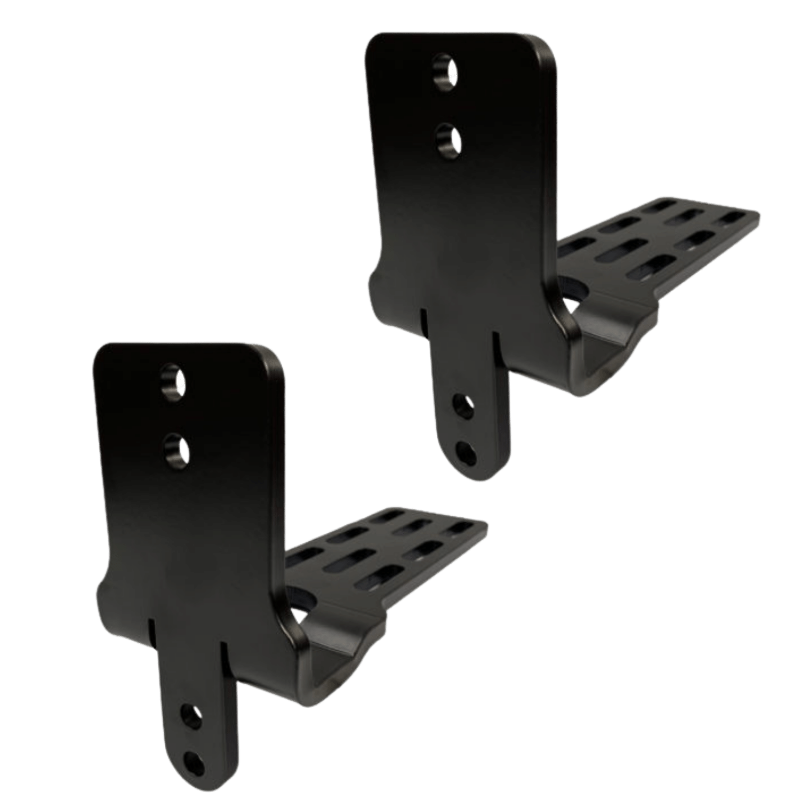 Image of two black metal awning mounting brackets with slotted base plates and bolt holes, powder-coated steel construction shown in angled front and side view on a solid background.