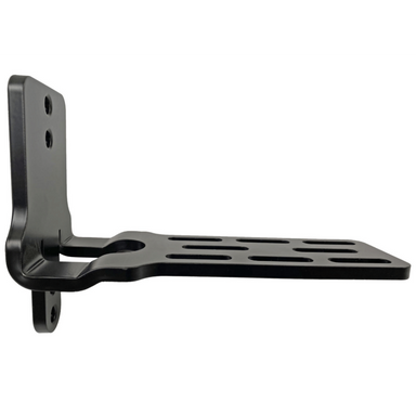 Image of single black metal awning mounting bracket with slotted base plate and bolt holes, powder-coated steel construction shown in side profile, angled view on a white background.