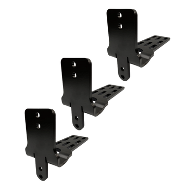 Image of black metal mounting bracket kit with three identical brackets, powder-coated steel construction with slotted base plates and bolt holes, angled front and side view on a solid background.