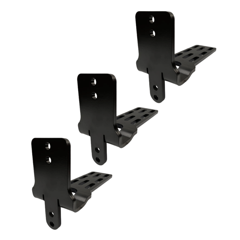 Image of black metal mounting bracket kit with three identical brackets, powder-coated steel construction with slotted base plates and bolt holes, angled front and side view on a solid background.