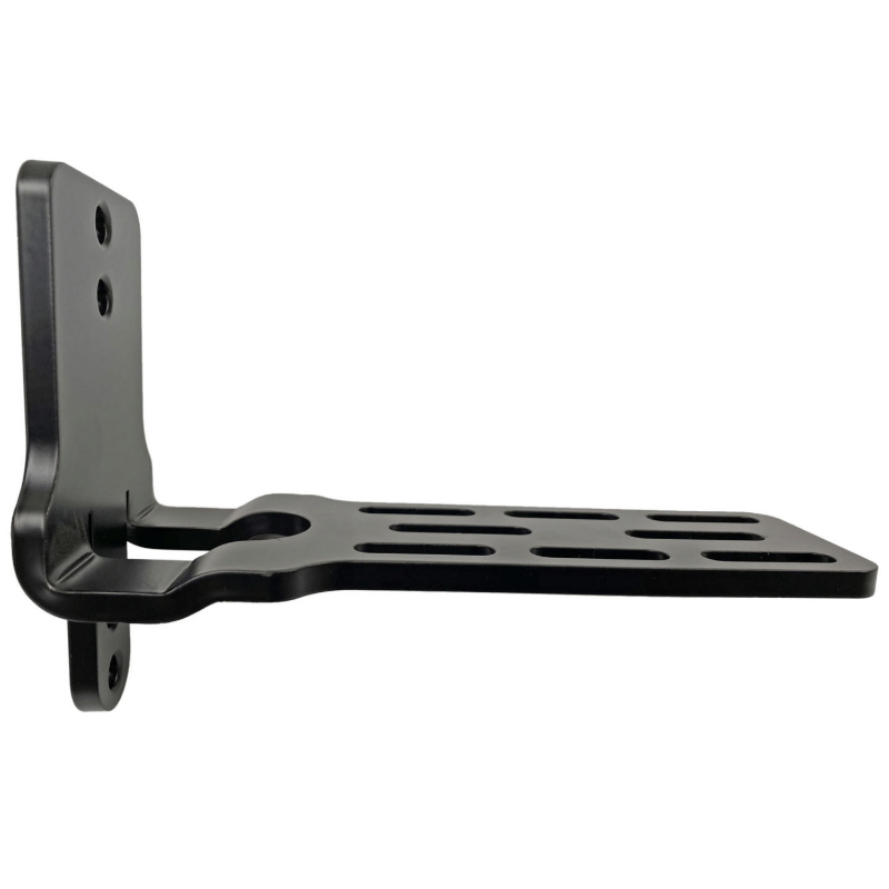Image of single black metal mounting bracket with slotted base plate and mounting holes, powder-coated steel construction shown in side profile, angled view on a white background.