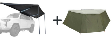 Image of 180-degree vehicle-mounted awning with integrated LED light strips, black canopy with silver underside, paired with matching green annex wall enclosure, angled side view on white background.