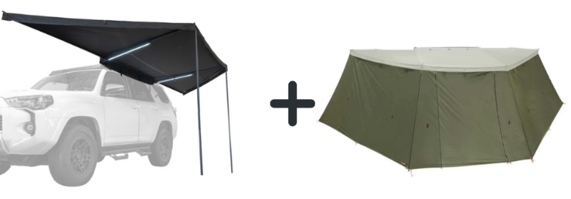 Image of 180-degree vehicle-mounted awning with integrated LED light strips, black canopy with silver underside, paired with matching green annex wall enclosure, angled side view on white background.