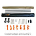 Image of the full hardware and mounting kit for a 23ZERO Peregrine Awning, laid out on a white background. The kit includes a black carrying bag, two long poles, various brackets and nuts, multiple stakes, and a pile of bright orange ropes