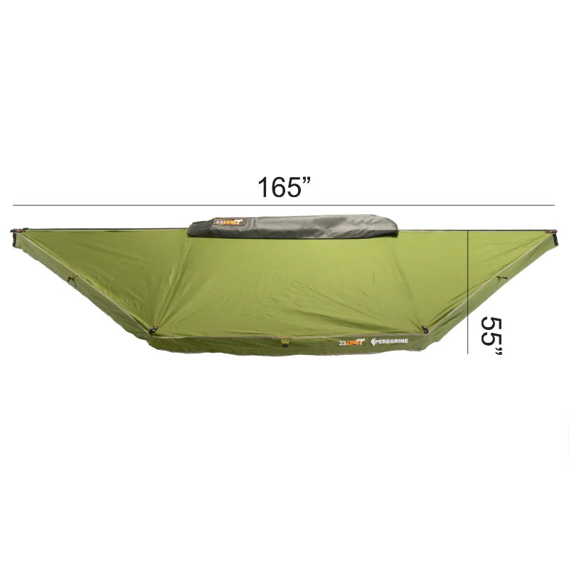 Image of a 23ZERO Peregrine 180 Compact Awning fully extended and laid flat with measurement callouts. The green awning fabric, with a gray transit cover visible in the middle, is 165 inches long and 55 inches wide