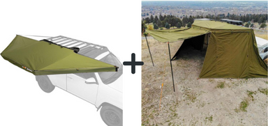 Image of compact 180-degree vehicle-mounted awning in olive green fabric attached to roof rack with matching enclosed side tent, angled side view on white background and outdoor campsite setting.